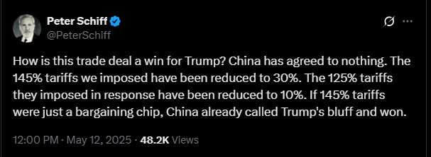 随着美中贸易战缓和，黄金下跌；比特币保持稳定
